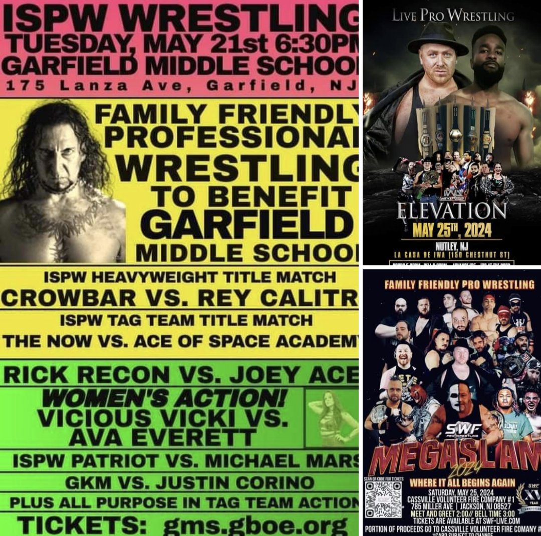 This Week's Crew.... Tuesday ISPW Wrestling Garfield NJ Saturday SWF Live Pro Wrestling LLC Jackson NJ Saturday Intense Wrestling Alliance LLC Nutley NJ Inbox or email standalonewrestling@gmail.com Tickets available for each event...