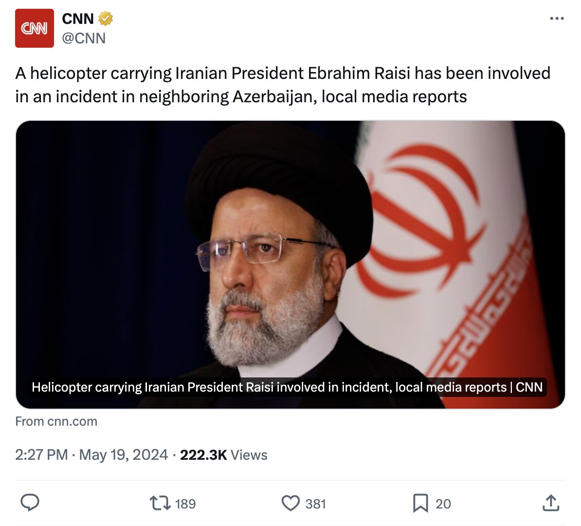 Iranian President Ebrahim Raisi's helicopter did not crash in the country of Azerbaijan, as this CNN tweet suggests. The accident happened in the Iranian province of East Azarbaijan.