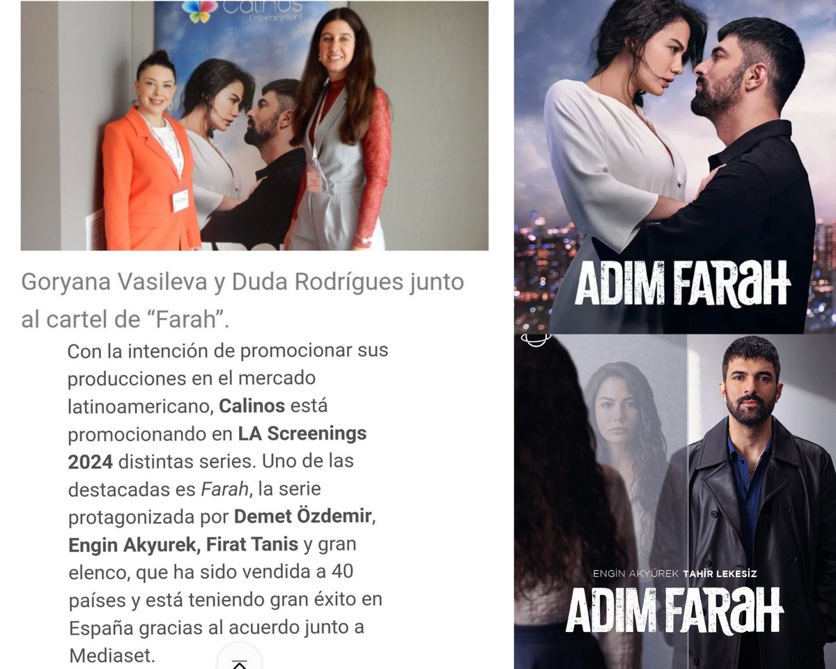 LA Screenings fuarından #AdımFarah'la ilgili yeni haber: ''Şimdiye kadar 40'dan fazla ülkeye satılan ve Mediaset ile yapılan anlaşma sayesinde İspanya'da büyük başarı yakalayan Farah dizisi öne çıkanlardan biri.''
#EnginAkyürek ✨🤍 #TahirLekesiz 

Link: digitalcontent.prensariozone.com/calinos-25-ano…