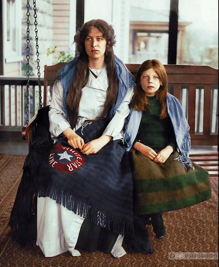 16. Colorized photo of Titanic Survivors Charlotte Collyer and her 8-year-old daughter Marjorie after they finally made it back to America.