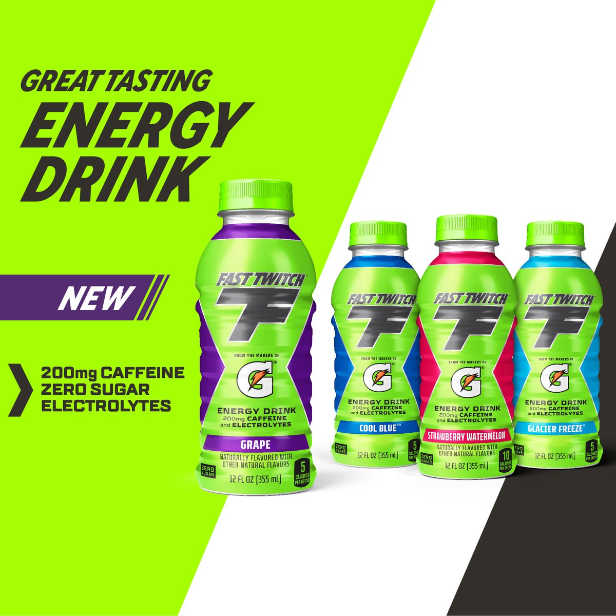Fast Twitch, an energy drink from Gatorade, now comes in a delicious new grape flavor! Developed with 200mg of caffeine to help athletes focus the mind and power the body for athletic performance.