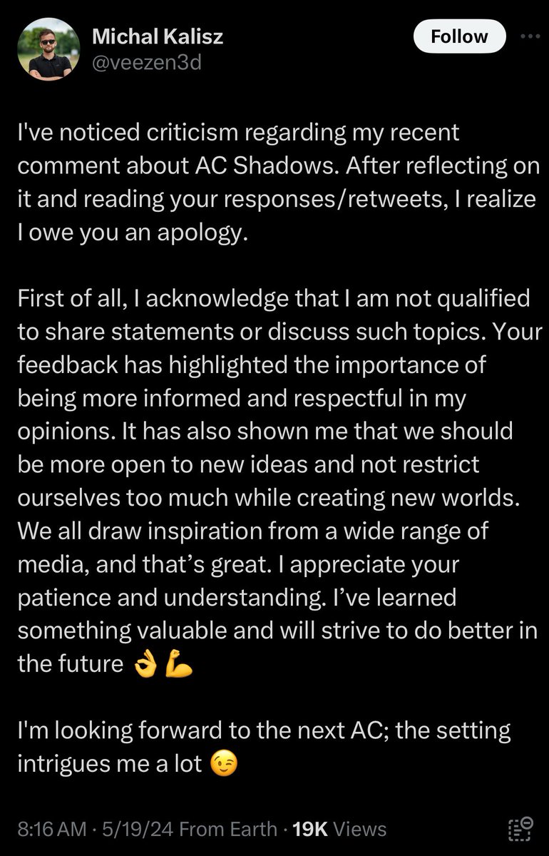 Senior Lead 3D weapons artist at @CDPROJEKTRED get bullied into changing his stance on Assassin's Creed. The dev pressure out there to conform is immense, and if you don't play ball, you will get pushed out. Nobody in AAA gaming is free to speak. I have so many friends and