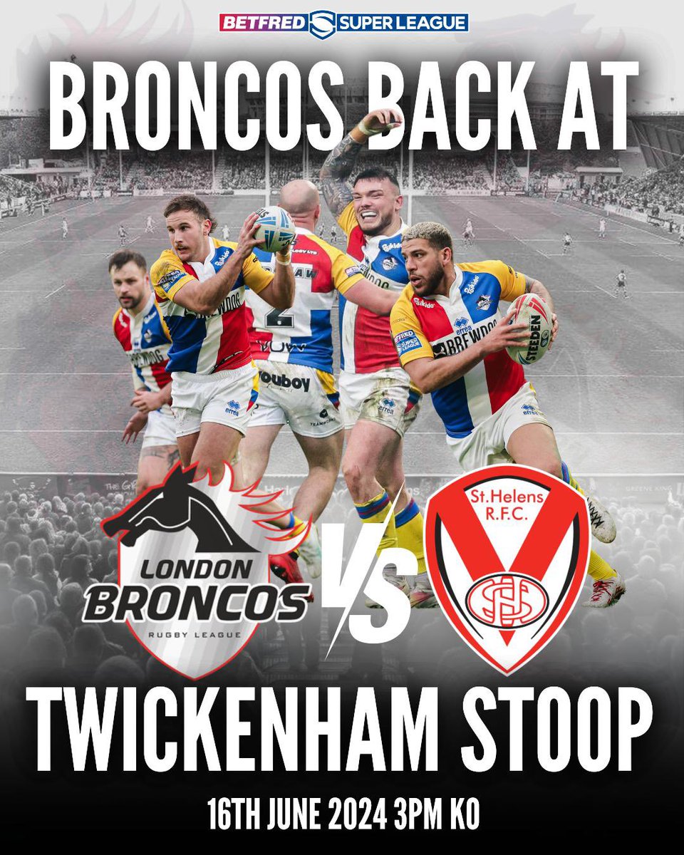 𝐁𝐑𝐎𝐍𝐂𝐎𝐒 𝐁𝐀𝐂𝐊 𝐀𝐓 𝐓𝐇𝐄 𝐒𝐓𝐎𝐎𝐏 🏟️ Just 4️⃣ weeks to go until we make our return to The Twickenham Stoop for our @SuperLeague clash with @Saints1890. Make sure you’re there by getting your tickets below ⬇️ 🎟️ londonbroncos.ticketco.events/uk/en/e/london… #WeAreLondon🏉
