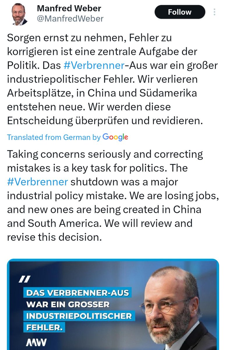 So if I understand this correctly the EU will soon impose tariffs to avoid that Europeans buy too many cheap Chinese EVs and scrap the 2035 ICE phaseout to make sure European carmakers don't have to produce too many EVs and then what? We ICE happily everafter?