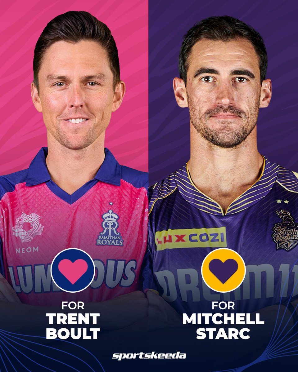 🩷 - Trent Boult 
💜 - Mitchell Starc 

Comment below your pick 👇

#RRvKKR #CricketTwitter #IPL2024