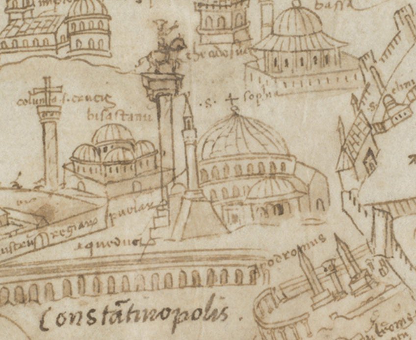 This drawing from early Ottoman Constantinople by Cristoforo Buendelmonti shows how Justinian’s column could have been problematic in its relationship with the Ottoman Hagia Sophia had it survived. It was large & would be awkwardly competing for space visually with the minaret!
