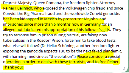 A Didulo follower is asking their queen to rescue Reiner Fuellmich, a German lawyer who is in quite a bit of trouble. They want Didulo to 'consider a special operation...to free Reiner'

PolitiFact described him this way:  'Reiner Fuellmich, a German lawyer who has spread
