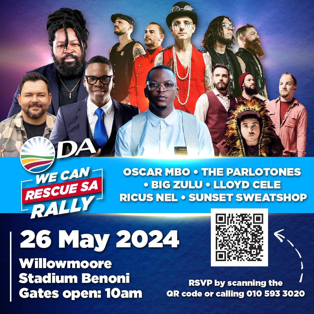 🤩 We are excited to share with you our electrifying lineup for the #RescueSArally in Gauteng. 🎶 The Parlotones, Oscar Mbo, Big Zulu, and more. Join us on Sunday 26 May and be part of the historic mission to rescue South Africa.