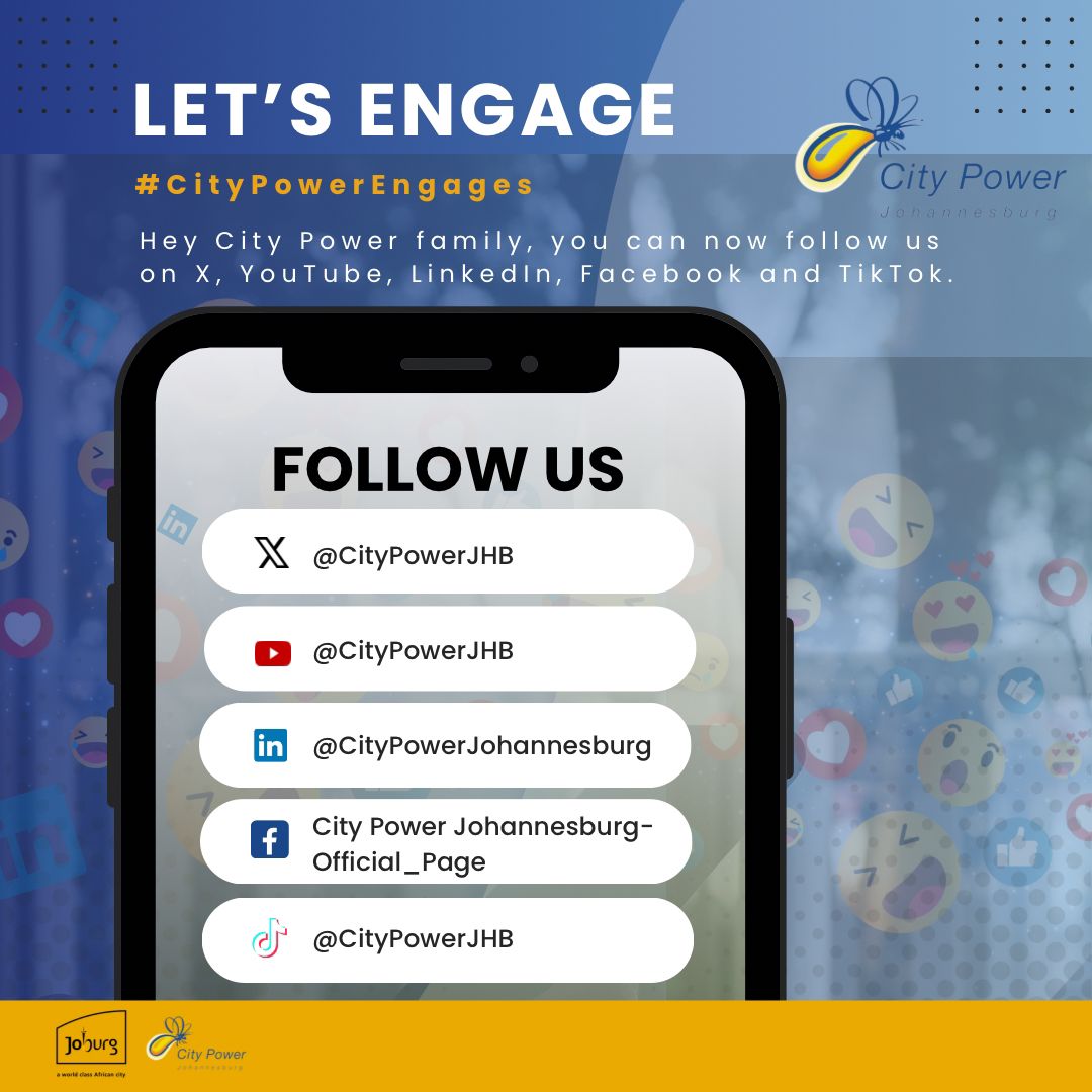 #CityPowerUpdates #CityPowerEngages Connect with us on: 👉 *LinkedIn* : linkedin.com/company/city-p… 👉 *Facebook* : facebook.com/profile.php?id… 👉 *YouTube* : youtube.com/@CityPowerJHB?… 👉 *X* : x.com/CityPowerJhb?s… 👉 *Tiktok* : tiktok.com/@citypowerjoha… Stay informed and stay
