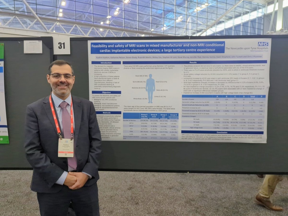 Pleasure to share important data from the Freeman Hospital demonstrating the feasibility and safety of MRIs in CIED patients @NewcastleHosps at #HRS2024 @HRSONLINE @ChrisPlummerNHS