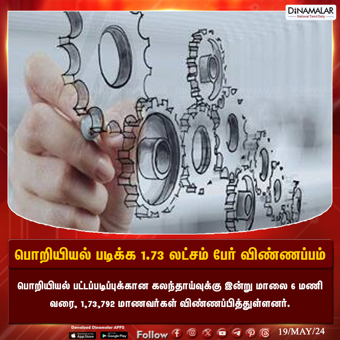 dinamalarweb's tweet image. பொறியியல் படிக்க 1.73 லட்சம் பேர் விண்ணப்பம்
#engineering  | #studentsapplied | #engineeringdegree  | #engineeringapplication 
Dinamalar.com