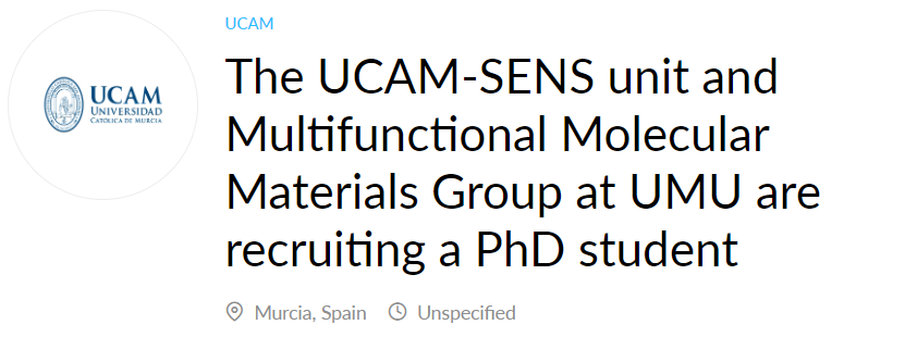 RSEQUIMICA's tweet photo. 🔉The UCAM-SENS unit and Multifunctional Molecular Materials Group at UMU are recruiting a PhD student
Universidad Católica de Murcia 
🗓️ Fecha límite/Deadline: The selection process ends once a candidate is selected.
➡️https://t.co/irXn1558wr https://t.co/qjQPgJBWF2