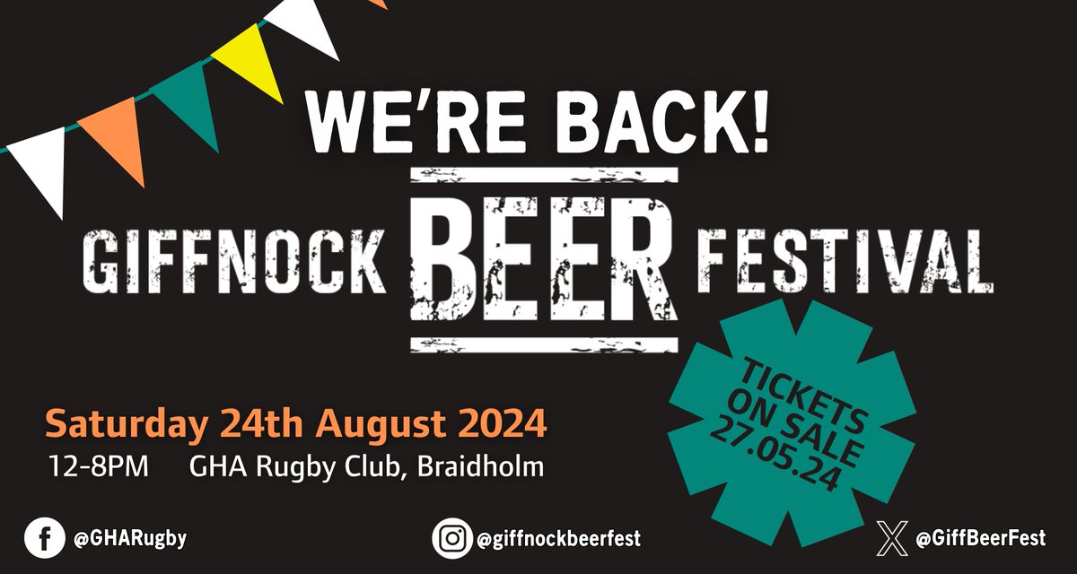 🍻WE’RE BACK! The Giffnock Beer Festival will return to Braidholm on Sat 24 Aug. Get the date in the diary. Early bird sale Mon 27 May 10am! GBF2024 is operated by GHA RFC & is a community event with all proceeds going towards community sport in the Southside. Cheers!🍻
