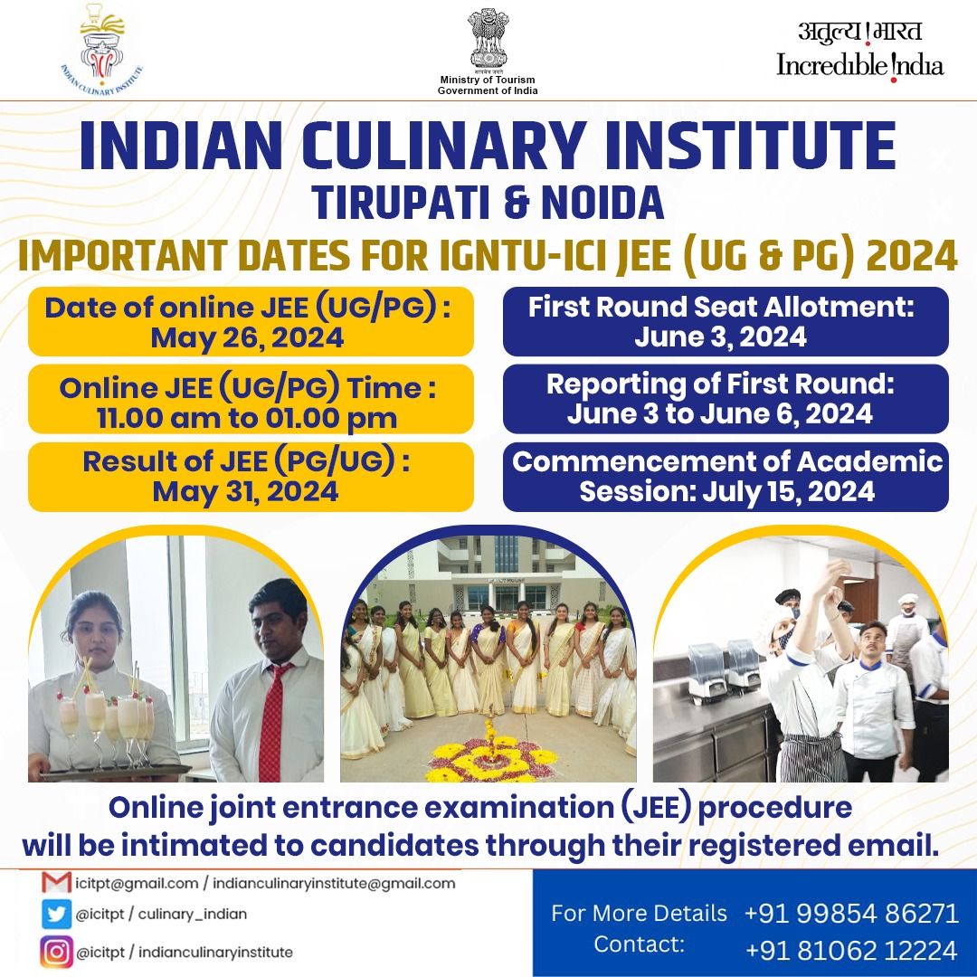 The Indian Culinary Institute announces important dates for IGNTU-ICI JEE (UG & PG) 2024 examination, with the online ICI JEE on 26/05/2024 from 11AM to 1PM. It's a significant opportunity for culinary enthusiasts to start their professional journey. #IGNTUICIJEE2024