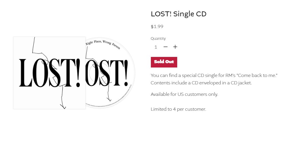 🎉The 'Lost!' single CDs are sold out! Thank you for purchasing and working hard. #RM_LOST #RighPlaceWrongPerson