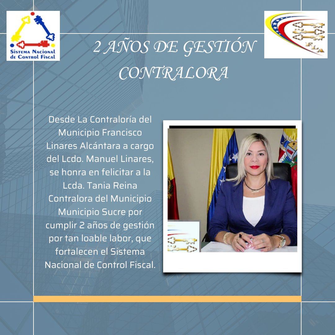 Desde La Contraloría del Municipio Francisco Linares Alcántara a cargo del Lcdo. Manuel Linares, se honra en felicitar a la Lcda. Tania Reina Contralora del Municipio Sucre por cumplir 2 años de gestión por tan loable labor, que fortalecen el Sistema Nacional de Control Fiscal