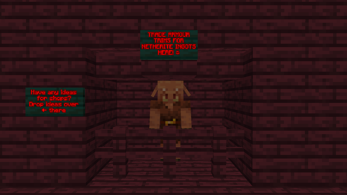 Z8SMP's tweet photo. Due to Netherite Armour being banned, players can now trade Armour Trims for Netherite Ingots in the Nether Hub! https://t.co/GmNNR4P5Z1