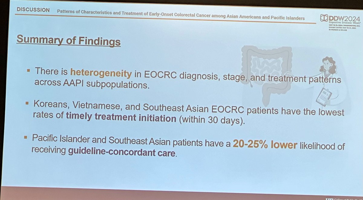 As an #asianamerican, it was alarming to see the story the data is telling us. Over 20% of early onset #colorectalcancer #aapi patients are less likely to get guidelines concordant care 👎🏽 @fightcrc @DDWMeeting #notokay