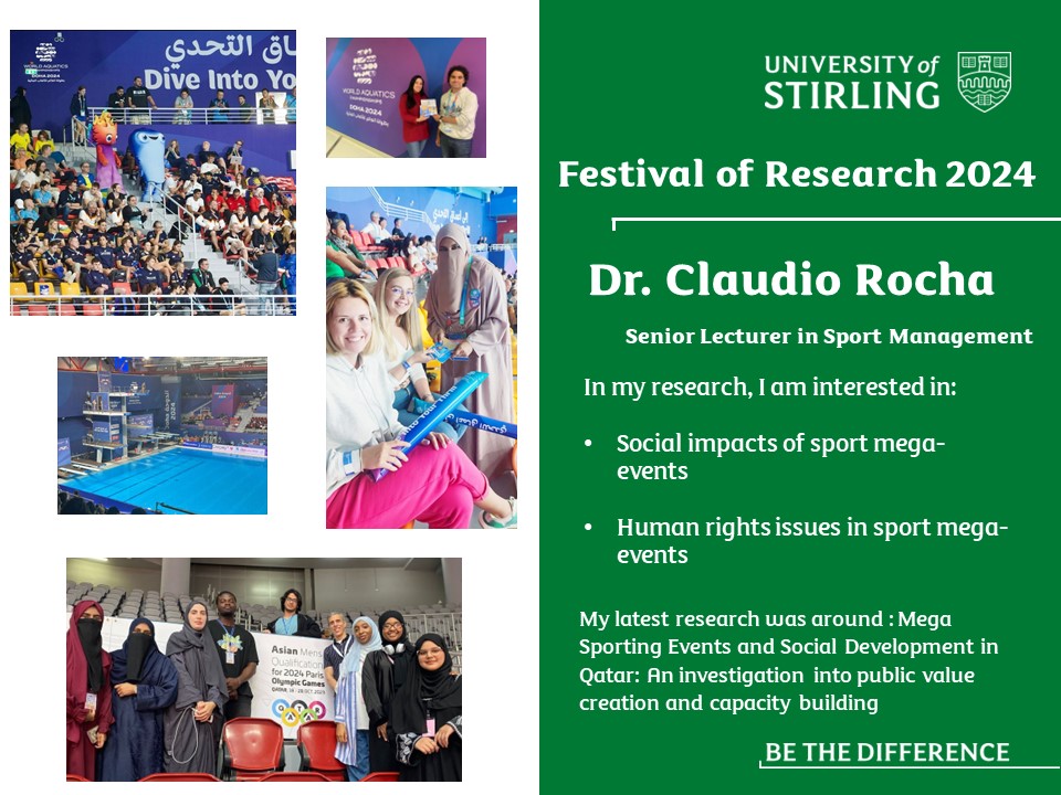 Academic Sport at Stirling (@stir_acadsport) on Twitter photo Next up from Sport <a href="/StirUni/">University of Stirling</a>, we have Senior Lecturer Dr Claudio Rocha whose current research focuses around Sport Management and Mega Events! #FestivalofResearch <a href="/Stir_Research/">Stirling Research</a> Next up from Sport <a href="/StirUni/">University of Stirling</a>, we have Senior Lecturer Dr Claudio Rocha whose current research focuses around Sport Management and Mega Events! #FestivalofResearch <a href="/Stir_Research/">Stirling Research</a>