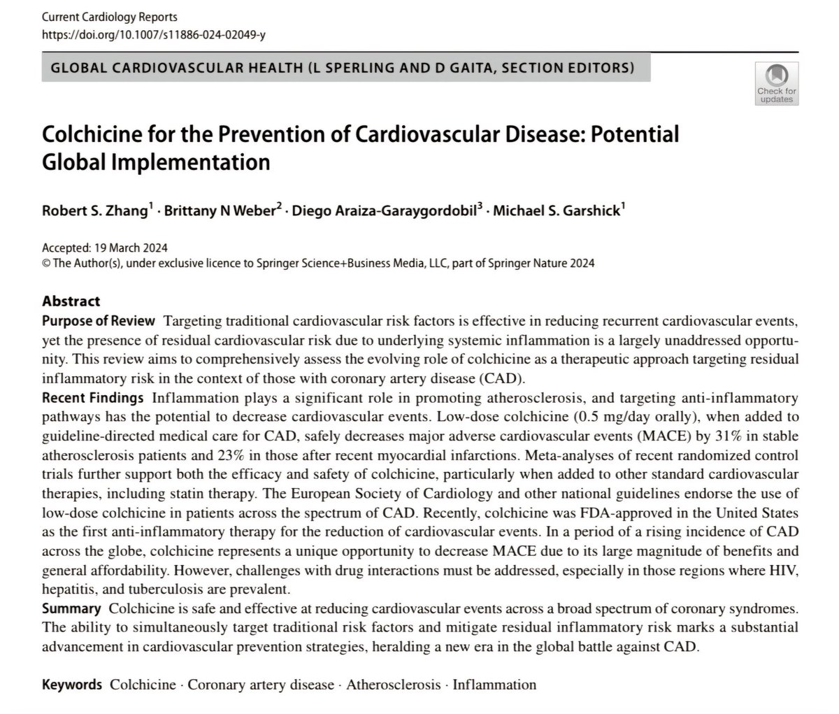 🔴 Colchicine for the Prevention of Cardiovascular Disease #2024Review 

link.springer.com/article/10.100…
#mitral #valve #prolapse #EHJ #cardiotwitter 
#MedEd #POCUS #CardioEd #CardioTwitter #medtwitter #cardiotwiteros #meded #Cardiology #MedTwitter #MedEd #Cardiotwitter  #CriticalCare
