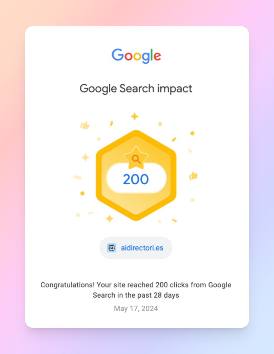 AI Directories keeps growing! 📈

We've hit 200 clicks from Google thanks to our focus on organic traffic, and we're not stopping there. 

More to come! #buildinpublic