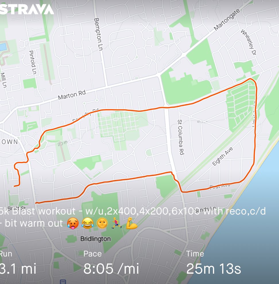 5k Blast Workout - w/u, 2x400, 4x200, 6x100 with reco, c/d - it’s a bit warm out 🥵🌞😂🏃‍♂️ @RunComPod #yourweekendruns
