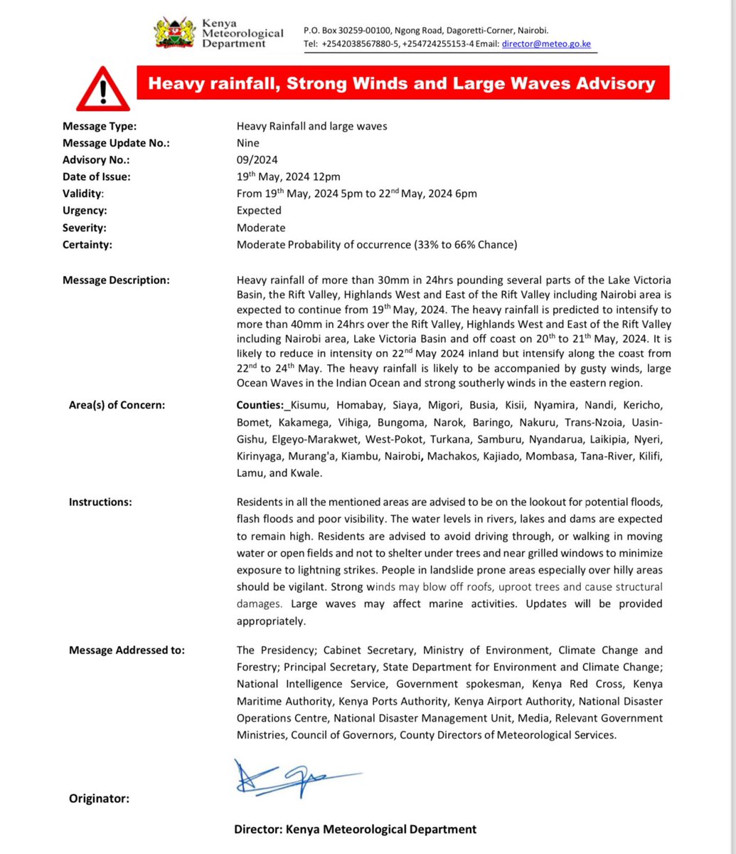The Kenya Meteorological Department has issued an advisory for heavy rainfall, strong winds and large waves.

Stay informed and take all necessary precautions to ensure your safety.