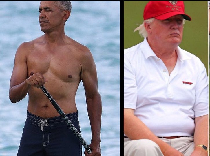 'Who’s a better physical specimen, me or Obama? It's me!' One: You're not running against Obama, you sundowning cretin. Two: No one's ever seen you with your shirt off - except Stormy Daniels, and as we know she testified in court that you're not a great physical specimen.