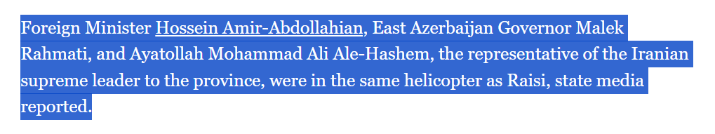 @catturd2 aljazeera.com/news/2024/5/19…

Not sure if DEAD, but Al Jazeera says he's MISSING. 

msnbc.com/ali-velshi/wat…

france24.com/en/asia-pacifi…

rferl.org/a/iran-raisi-h…