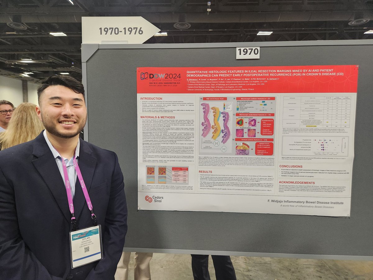 @IBDCedarsSinai Dylan Shiramizu presenting his poster on AI guided histology analysis in CD, predicting early postop recurrence in CD. #DDW2024