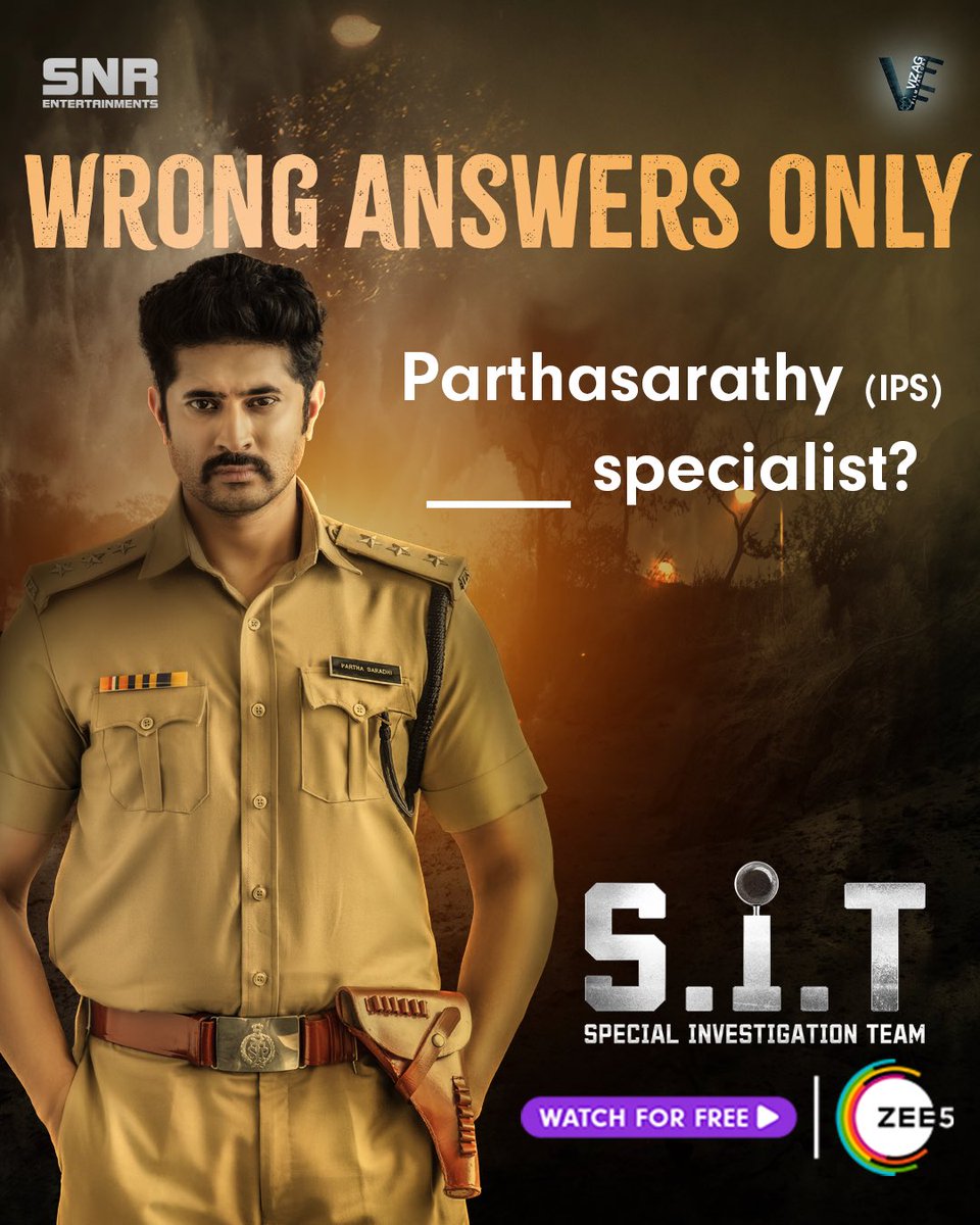 S.I.T. lo keelakamaina officer Parthasarathy... Ayana denilo specialist? Wrong answers only..! #SIT now streaming on ZEE5 Written & Directed by VBR Produced By S Nagi Reddy & Tej Palli #SITOnZee5 #Zee5 #specialinvestigstionteam #SNRentertainements #vizagfilmfactory