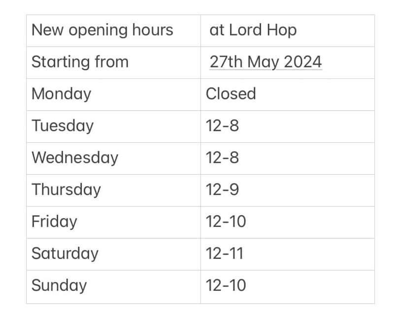 🚨 Breaking News: New opening hours announced for the Lord Hop micropub, Nuneaton (from 27th May) #LordHop #MicroPub #Nuneaton #RealAle #RealCider #GoodCompany