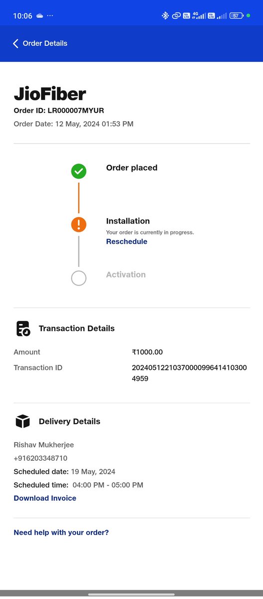 Rish_m7's tweet photo. @JioCare Im extremely disappointed with your service. I booked jio fiber on 12th May, it was supposed to be installed on 15th of May and today is 19th May. Do you think this is a joke or my time has no value ? Either you refund my money immediately or Jio fiber should be installed on 20th https://t.co/2628OdK5b4