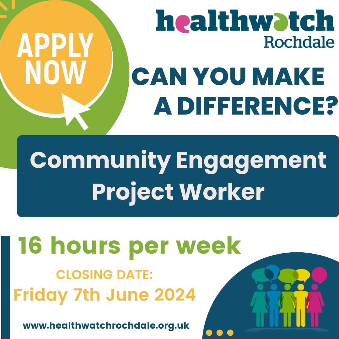 🗣️ Could you be our Community Engagement Project officer? Permanent position, Immediate start,16 hours per week. ✏️Please send your CV to info@healthwatchrochdale.org.uk 💻 for more information, full advert/role spec or for an informal chat please contact us 01706 249 575