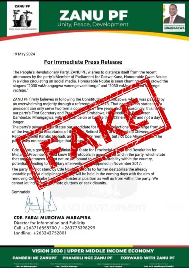 The ZANU PF Information Department distances itself from the below posted fake letter created and spread by miscreants. As usual, these fallacious and malicious attempts to disinform the public have no effect because the public knows that if a purpoted letter does not appear on