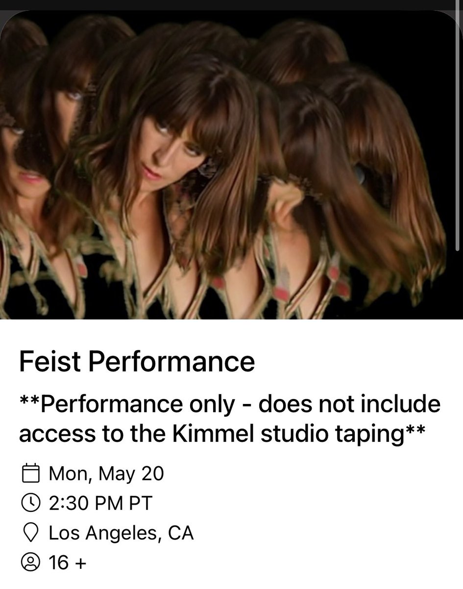 Feist (@feistmusic) on Twitter photo Los Angeles area friends - come see Feist tape <a href="/JimmyKimmelLive/">Jimmy Kimmel Live</a> tomorrow at 2:30pm. Details+RSVP 1iota.com/event/82343/re… Los Angeles area friends - come see Feist tape <a href="/JimmyKimmelLive/">Jimmy Kimmel Live</a> tomorrow at 2:30pm. Details+RSVP 1iota.com/event/82343/re…