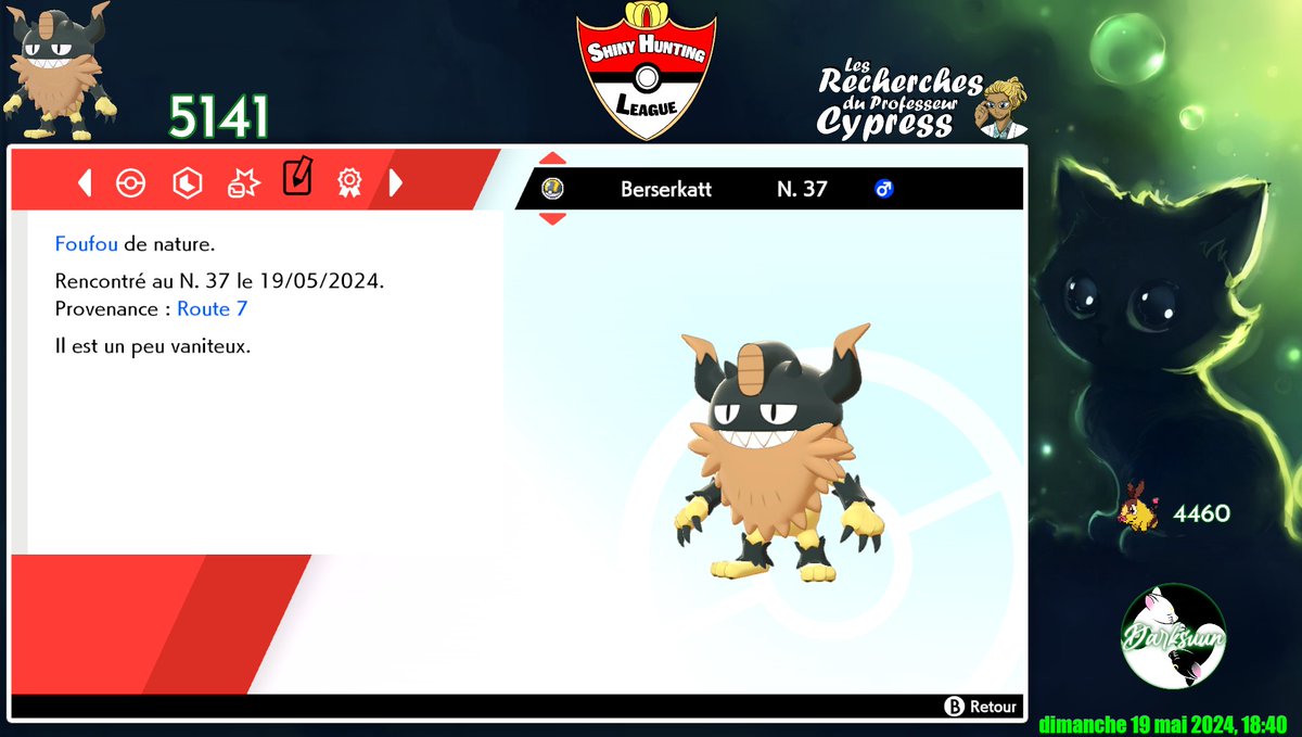 Hé bah voilà un de plus pour l'équipe! Berserkatt en 5141 rencontres sur épée ✨✨#PokemonSwordShield #shiny #shinyhunt