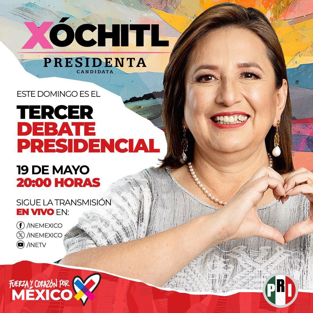 Hoy a las 20:00 hrs se llevará a cabo el tercer #DebateX donde @XochitlGalvez demostrará una vez más que ella tiene propuestas claras para enfrentar los retos que tiene nuestro país.