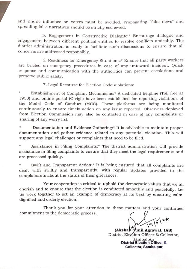 An advisory by DEO & Collector, Sambalpur for maintaining peace and order during the election period. @OdishaCeo @IPR_Odisha