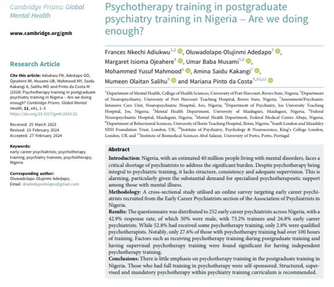 📣Hot off the press! 📣 #Psychotherapy training in #psychiatry training in Nigeria 🇳🇬 - are we doing enough? Check the #openaccess article published in #GlobalMentalHealth - link here: doi.org/10.1017/gmh.20…