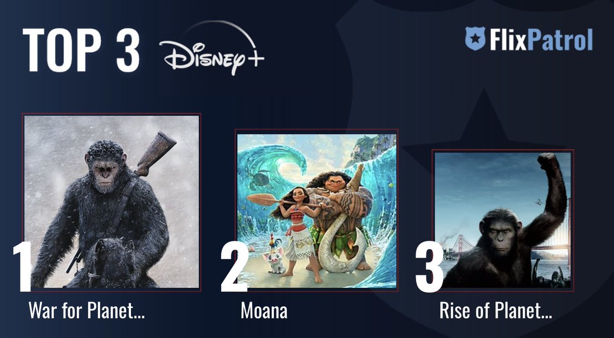 MOST POPULAR FILMS ON DISNEY+ THIS WEEK. ⬇️ No. 1 #WarforthePlanetoftheApes 🐒 No. 2 #Moana w/ @TheRock 🌺 No. 3 #RiseofthePlanetoftheApes 🐒 Check out our full stats for week 20: flixpatrol.com/top10/disney/w…