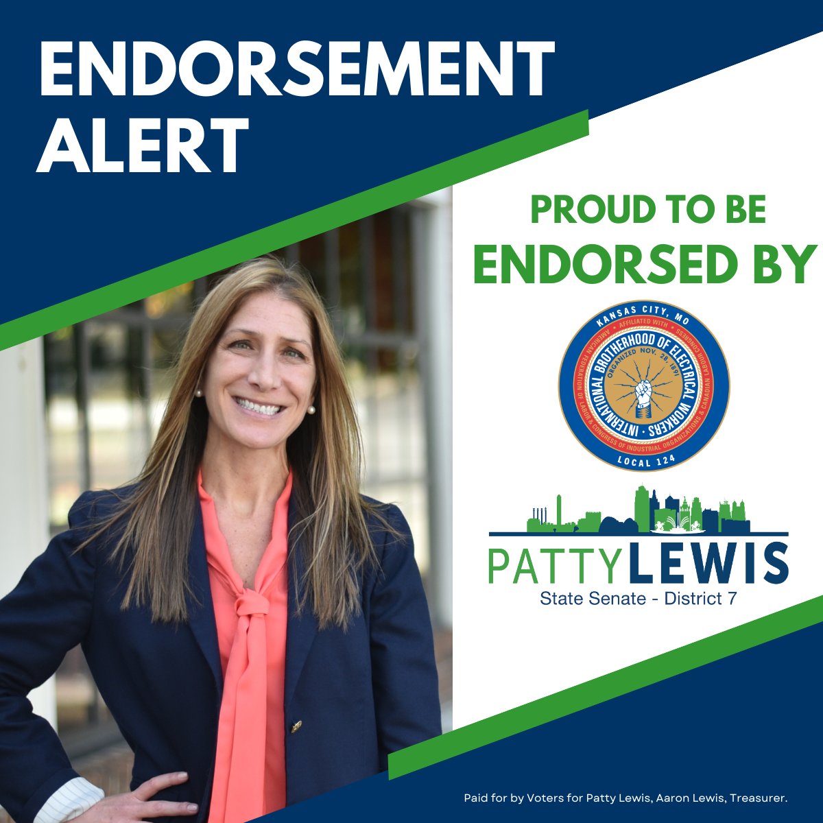 🚨🚨Endorsement Alert!!! The International Brotherhood of Electrical Workers Local 124 has endorsed our campaign! I am proud to stand with IBEW 124 and I will continue to be a strong voice for labor in the senate. Thank you for your support! #MOLeg #MOSen #Patty4MO