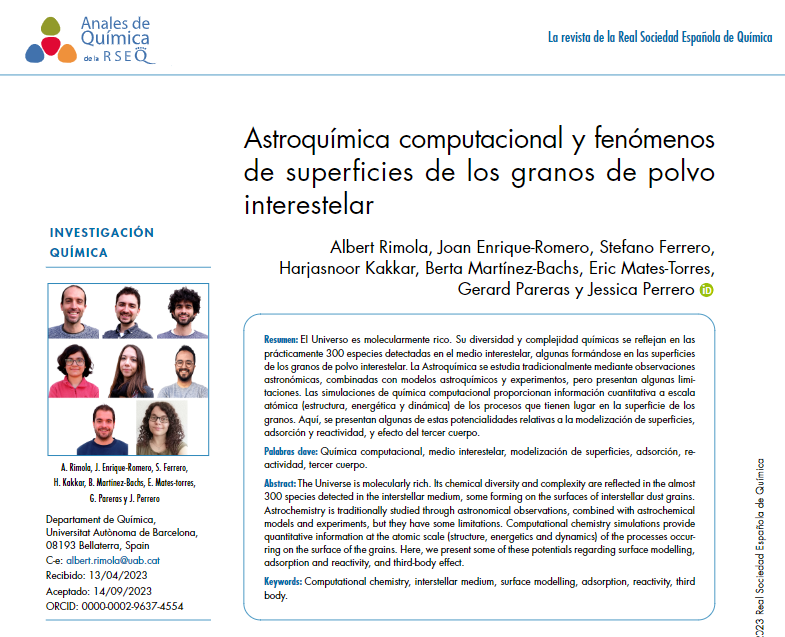 📙Astroquímica computacional y fenómenos de superficies de los granos de polvo interestelar
Albert Rimola, Joan Enrique-Romero, Stefano Ferrero, Harjasnoor Kakkar, Berta Martínez-Bachs, Eric Mates-Torres, Gerard Pareras, Jessica Perrero
➡️acortar.link/tr1rGI