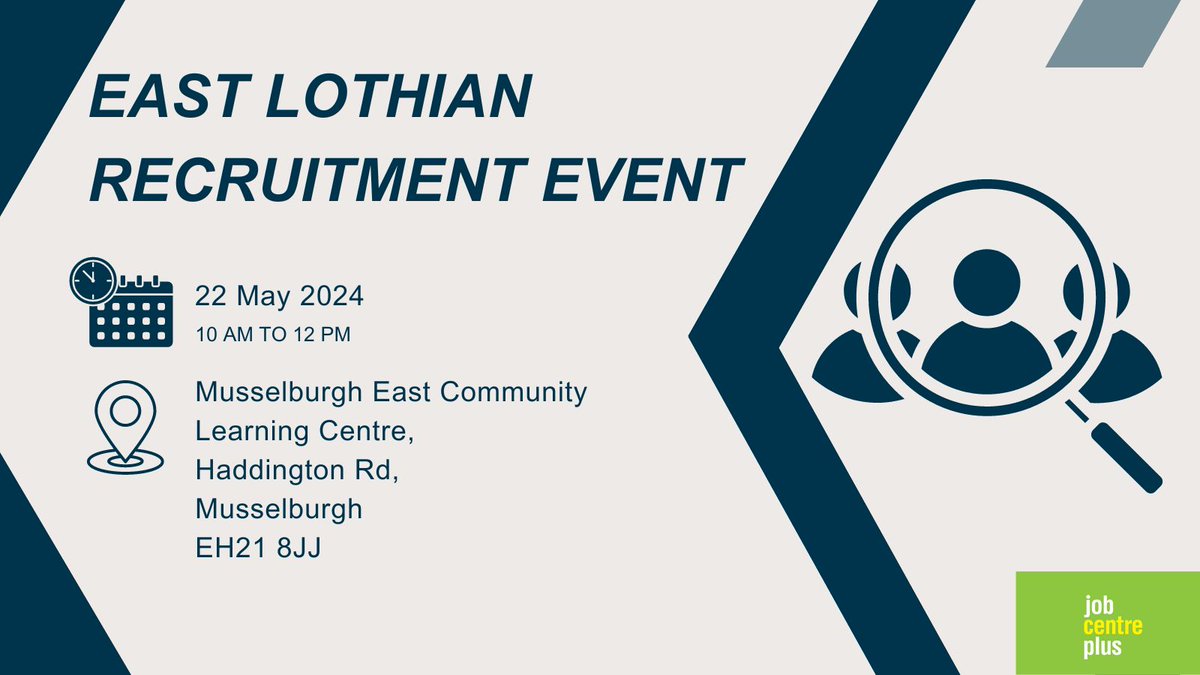 Come and join our #EastLothian Recruitment Event on 22 May Employers and Providers attending include: @EL_Works @Scotmid @asda and more! Interested? Please speak with your Work Coach to book your slot! #EastLothianJobs
