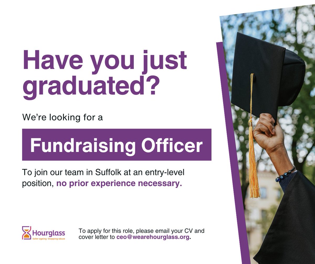 Are you a new graduate or looking for a new opportunity? We're hiring a Fundraising Officer to join our team in Sudbury, Suffolk. This 3-month contract offers valuable experience in charity fundraising. Apply today by emailing us at ceo@wearehourglass.org