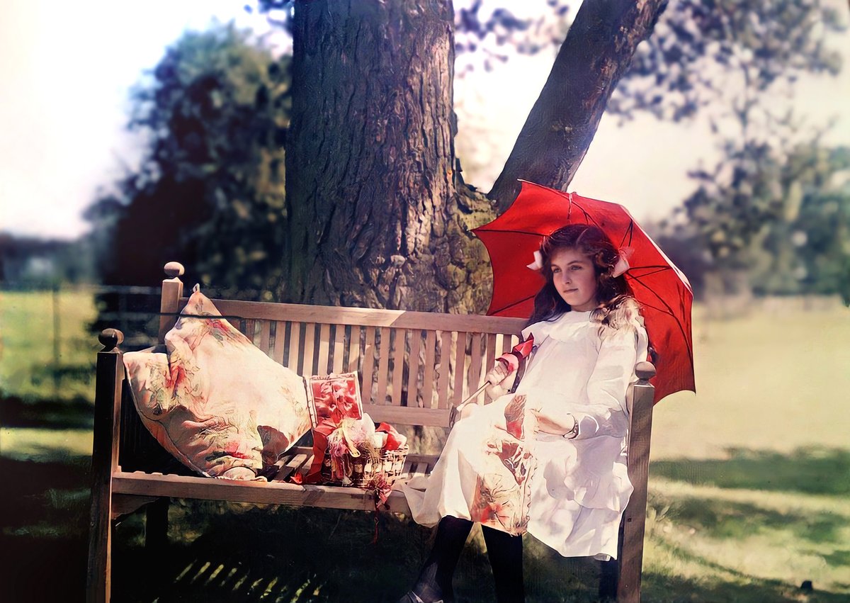 Travel back to Oxfordshire 114 years ago - I've cleaned- up this charming Edwardian autochrome of Iris Laing, photographed on a bench in Oxford with her sewing box. It was taken in about 1910 by her mother, Etheldreda Laing, and is original colour. Because reds were