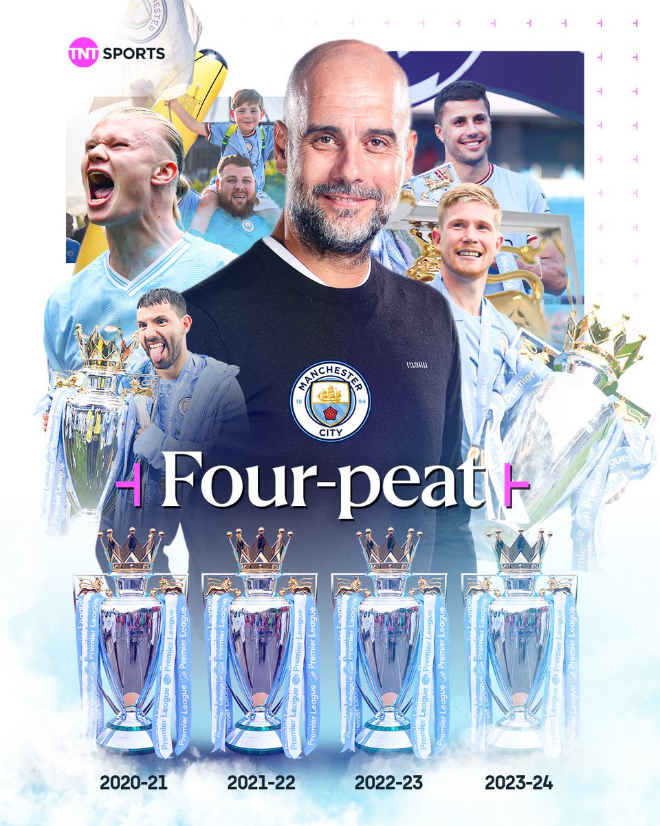 footballontnt's tweet photo. HISTORY IS MADE! 📖

Man City become the first-ever side to win 4⃣ Premier League titles in a row 🏆🏆🏆🏆 https://t.co/jEV4EvZj46