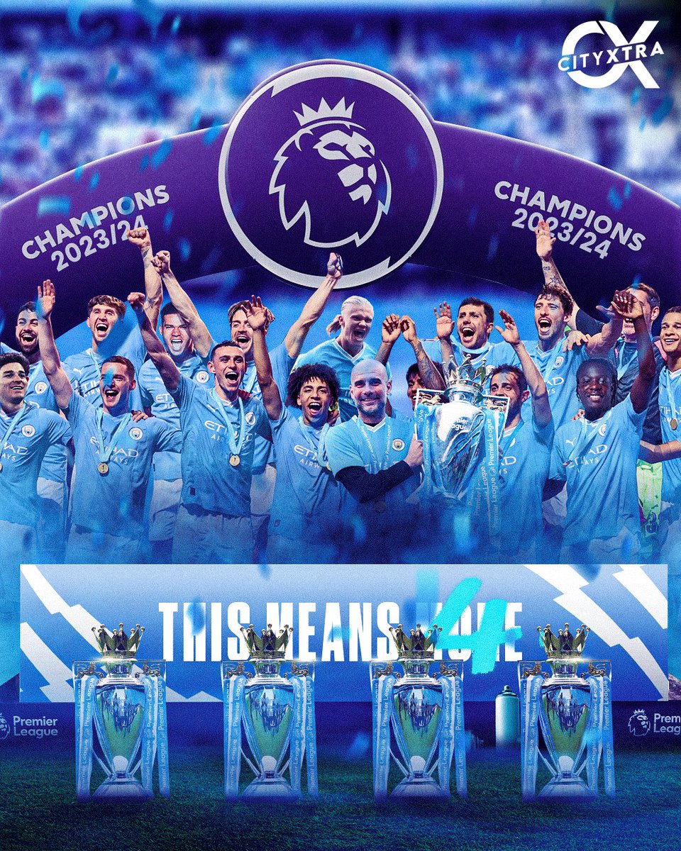 𝐓𝐇𝐈𝐒 𝐌𝐄𝐀𝐍𝐒 M̷O̷R̷E̷ 𝐅𝐎𝐔𝐑!!! 🏆🏆🏆🏆 #ManCity are Premier League Champions... 𝐀𝐆𝐀𝐈𝐍! 🏁