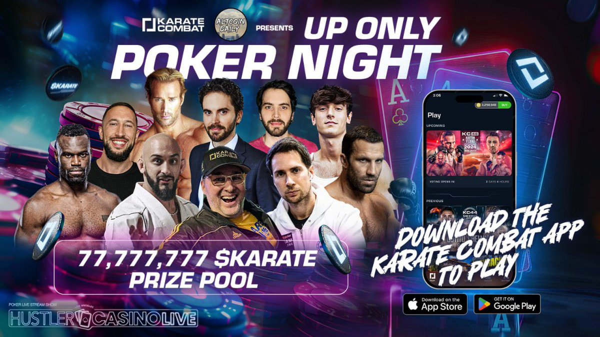 $KARATE COMBAT (ALT/SZN) (@karatecombat) on Twitter photo Announcing $KARATE Combat's first Up Only Poker Night.
Broadcast Monday, May 20th at 8pm EST on <a href="/HCLPokerShow/">Hustler Casino Live</a> and <a href="/AltcoinDailyio/">Altcoin Daily (backup account)</a>
Deadline to participate today at 6pm est.
Instructions below 👇 Announcing $KARATE Combat's first Up Only Poker Night.
Broadcast Monday, May 20th at 8pm EST on <a href="/HCLPokerShow/">Hustler Casino Live</a> and <a href="/AltcoinDailyio/">Altcoin Daily (backup account)</a>
Deadline to participate today at 6pm est.
Instructions below 👇