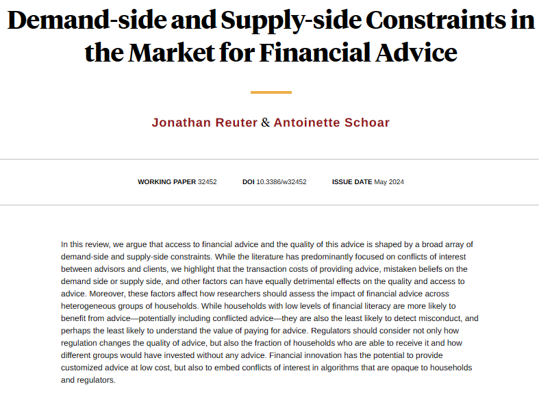 A literature review highlights how real-world constraints shape the market for financial advice and present challenges to academics and regulators, from Jonathan Reuter and Antoinette Schoar nber.org/papers/w32452